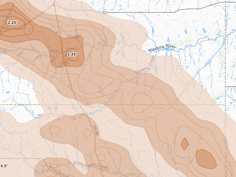 Radar-estimated hail-size map of the storm over Briscoe, TX on Jun 25, 2026