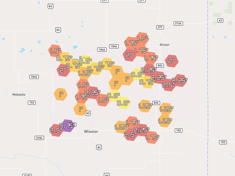 Hail map of Briscoe, TX on Jun 26, 2026, hail up to 3.75"