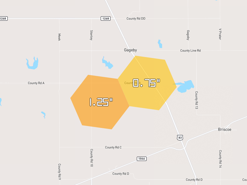 Hail map of Briscoe, TX on Jun 27, 2026, hail up to 1.25"