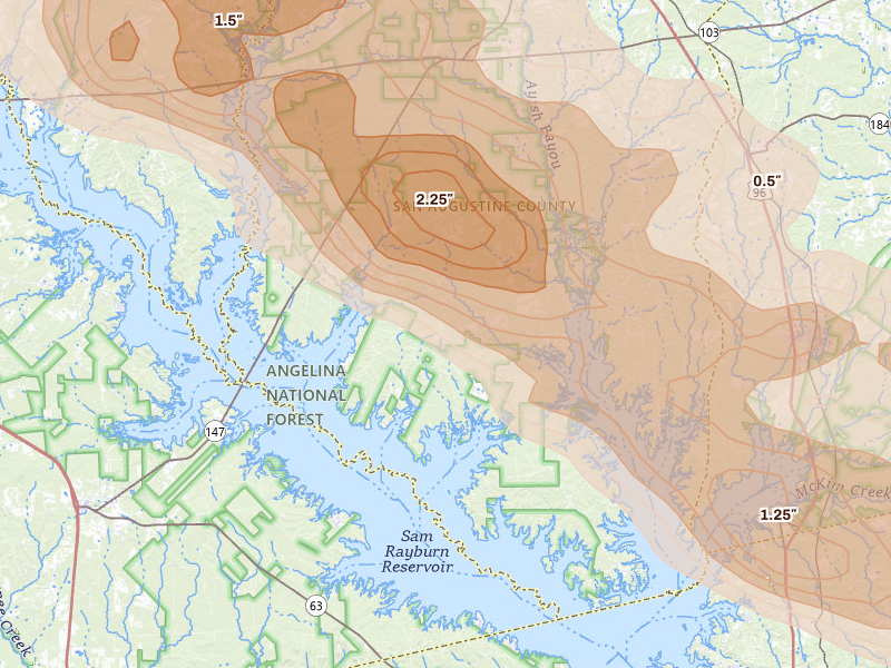 Radar-estimated hail-size map of the storm over Broaddus, TX on Mar 15, 2026