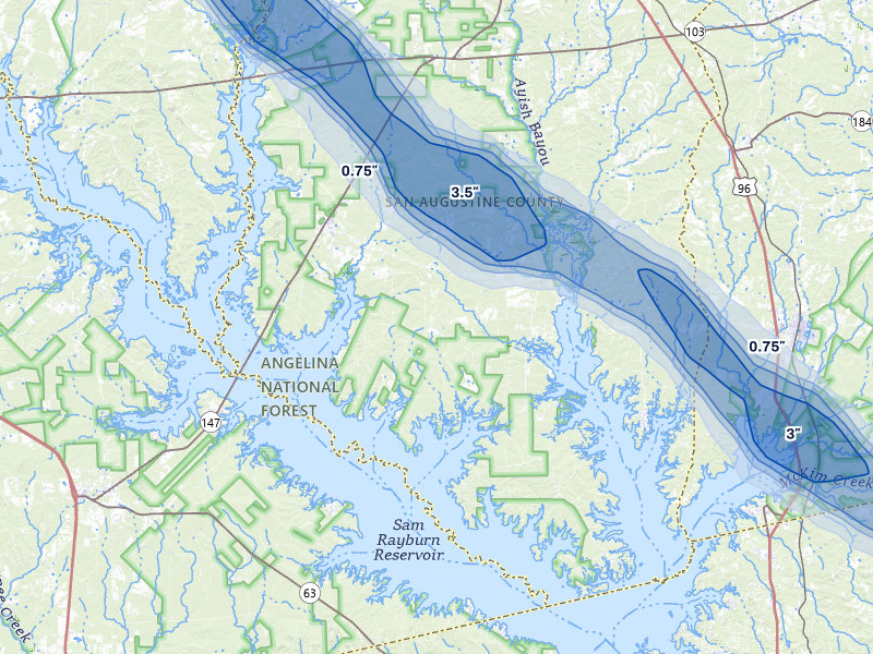 NEXRAD radar-signature map of the hail over Broaddus, TX