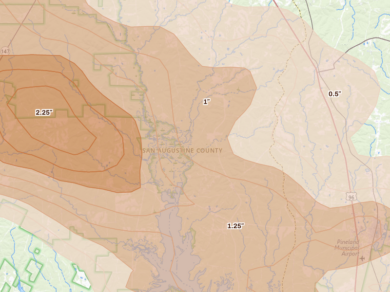 Radar-estimated hail-size map of the storm over Bronson, TX on Mar 15, 2026