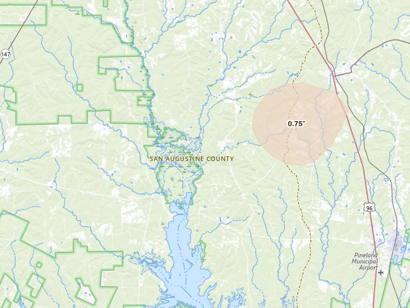 Radar-estimated hail-size map of the storm over Bronson, TX on Jul 7, 2026