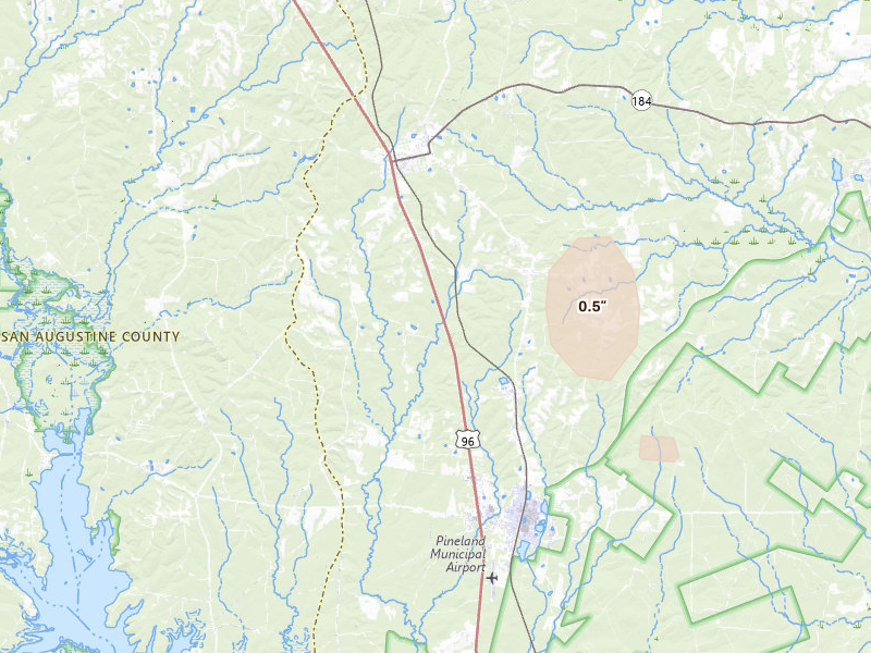 Radar-estimated hail-size map of the storm over Bronson, TX on Aug 21, 2026