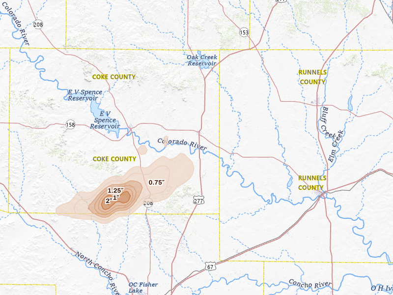 Radar-estimated hail-size map of the storm over Bronte, TX on Apr 1, 2026