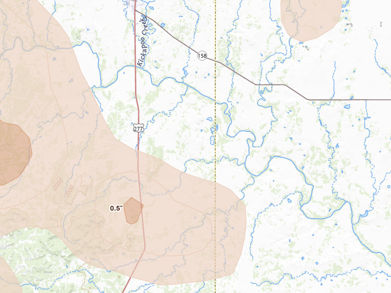 Radar-estimated hail-size map of the storm over Bronte, TX on May 10, 2026
