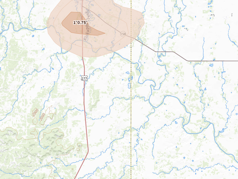Radar-estimated hail-size map of the storm over Bronte, TX on Jun 6, 2026