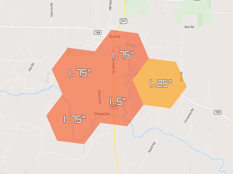Hail map of Bronte, TX on Jun 6, 2026, hail up to 1.75"