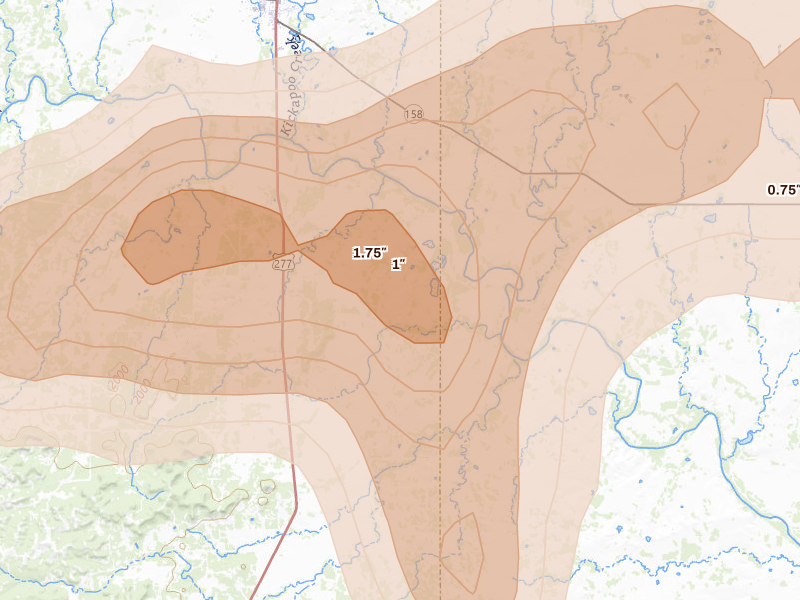 Radar-estimated hail-size map of the storm over Bronte, TX on Jun 18, 2026