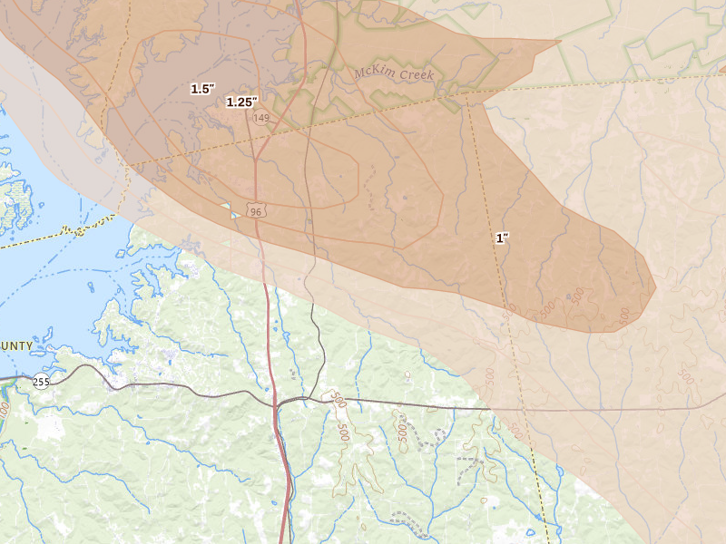 Radar-estimated hail-size map of the storm over Brookeland, TX on Mar 15, 2026