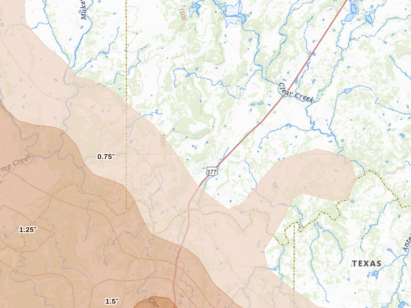 Radar-estimated hail-size map of the storm over Brookesmith, TX on May 10, 2026