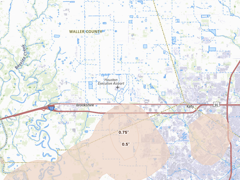 Radar-estimated hail-size map of the storm over Brookshire, TX on Jun 2, 2026