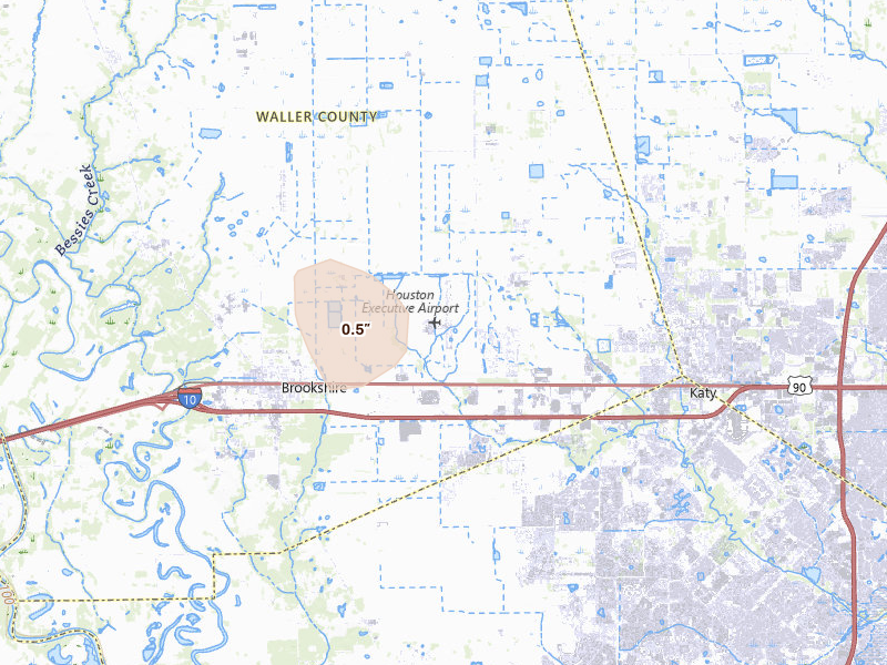 Radar-estimated hail-size map of the storm over Brookshire, TX on Jun 20, 2026