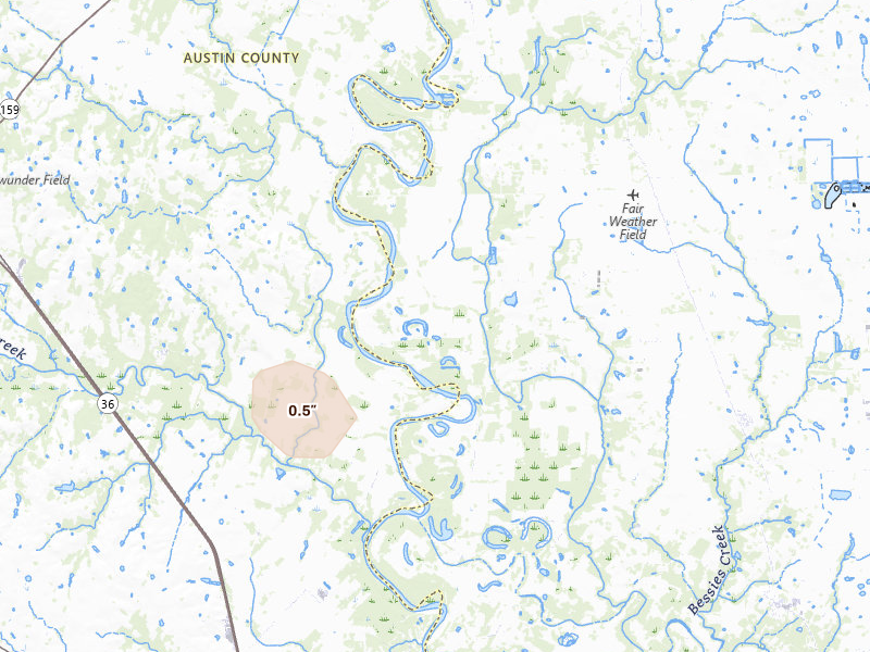 Radar-estimated hail-size map of the storm over Brookshire, TX on Aug 9, 2026