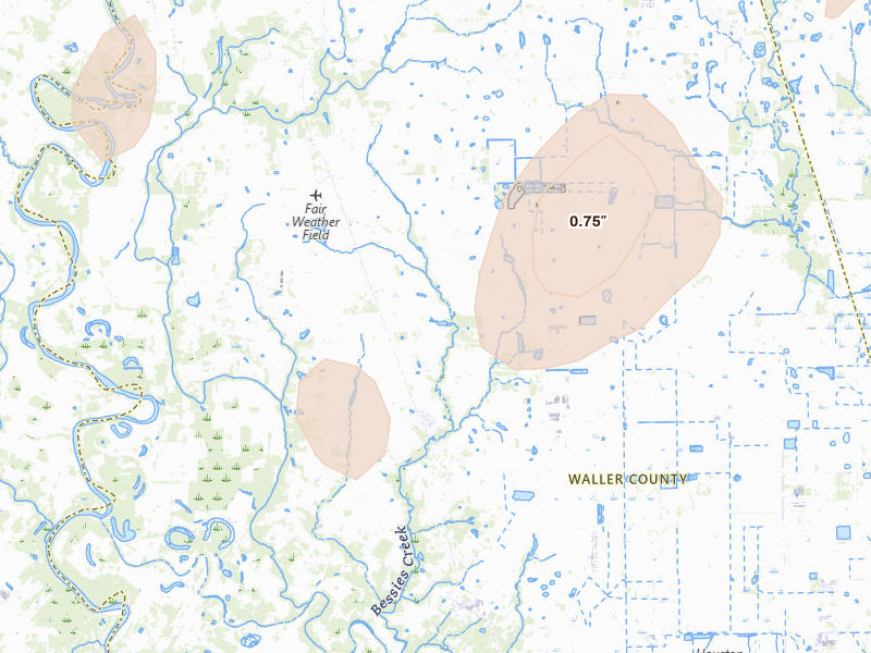 Radar-estimated hail-size map of the storm over Brookshire, TX on Aug 28, 2026