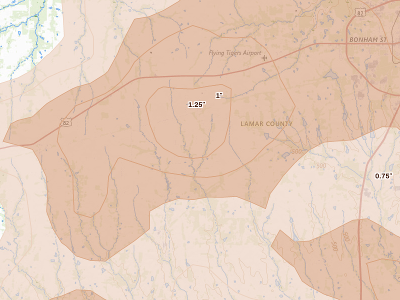 Radar-estimated hail-size map of the storm over Brookston, TX on Apr 24, 2026