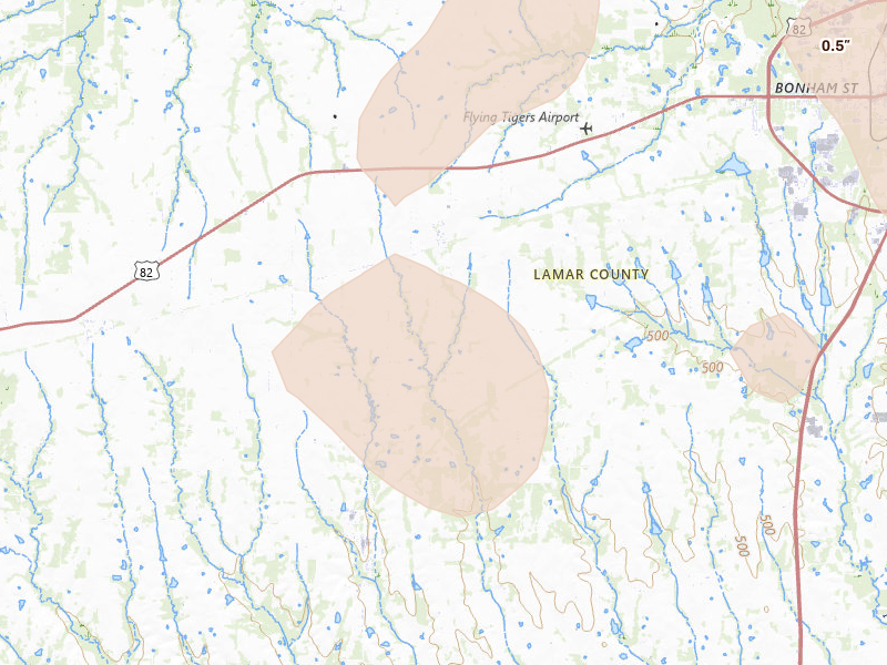 Radar-estimated hail-size map of the storm over Brookston, TX on May 9, 2026