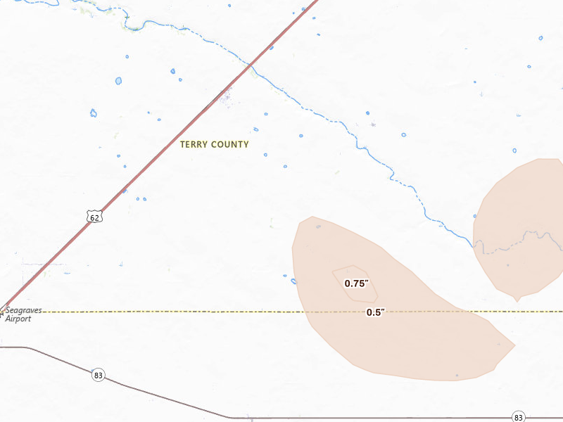 Radar-estimated hail-size map of the storm over Brownfield, TX on Jul 5, 2026