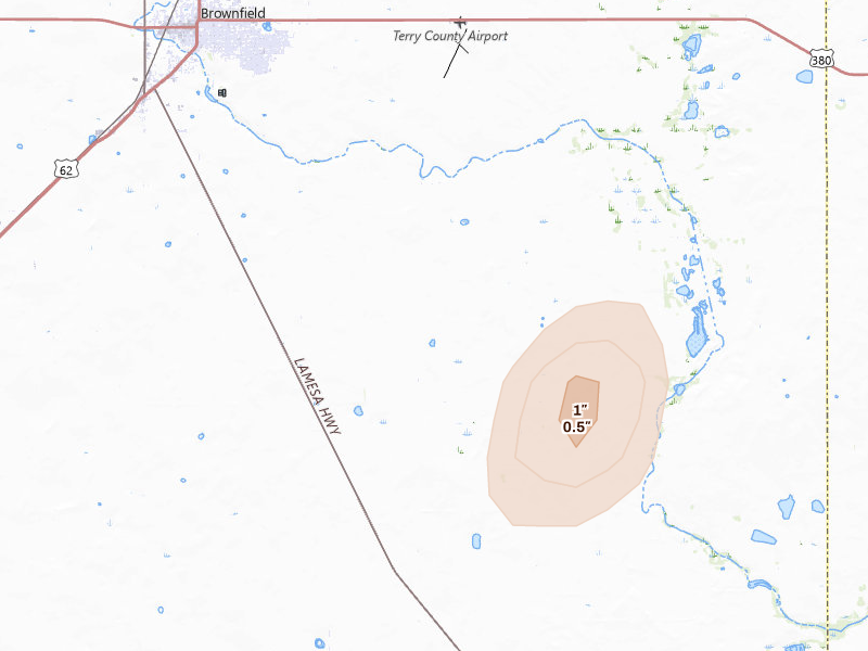 Radar-estimated hail-size map of the storm over Brownfield, TX on Aug 13, 2026