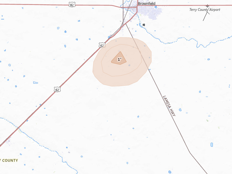 Radar-estimated hail-size map of the storm over Brownfield, TX on Aug 27, 2026