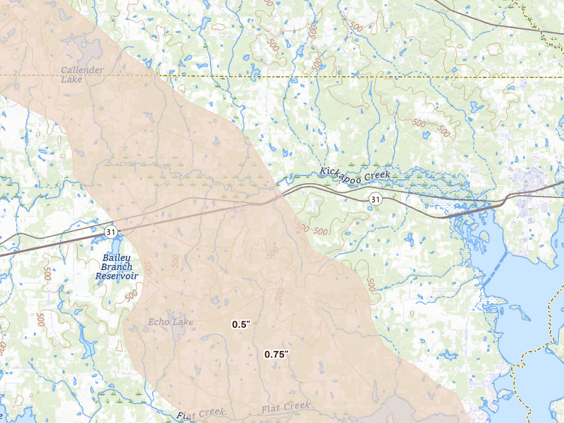 Radar-estimated hail-size map of the storm over Brownsboro, TX on Apr 24, 2026