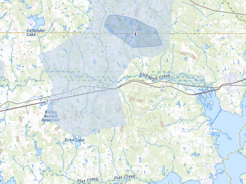 NEXRAD radar-signature map of the hail over Brownsboro, TX