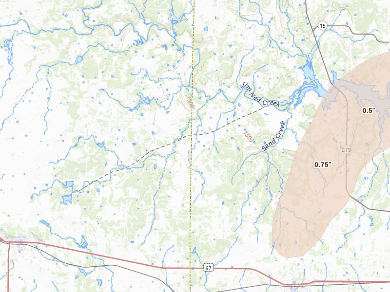 Radar-estimated hail-size map of the storm over Brownwood, TX on Mar 5, 2026