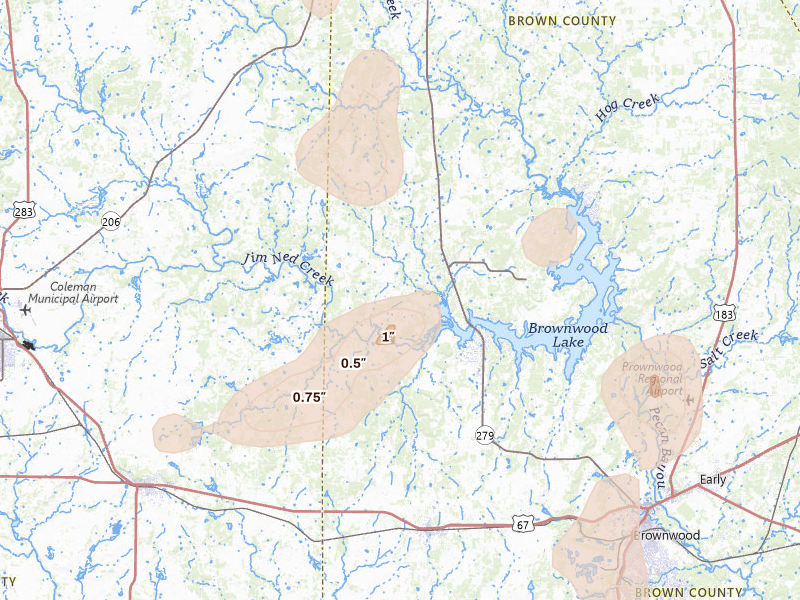Radar-estimated hail-size map of the storm over Brownwood, TX on May 24, 2026