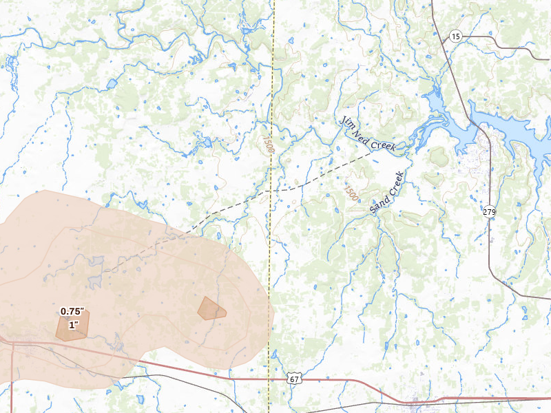 Radar-estimated hail-size map of the storm over Brownwood, TX on Jun 2, 2026