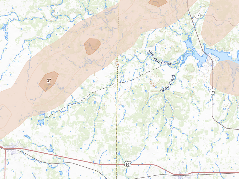 Radar-estimated hail-size map of the storm over Brownwood, TX on Jun 6, 2026