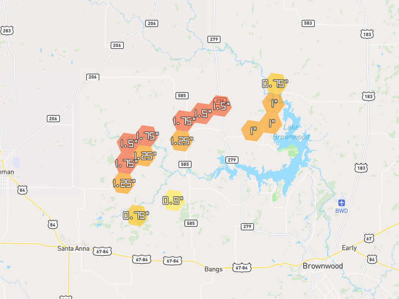 Hail map of Brownwood, TX on Jun 6, 2026, hail up to 1.75"