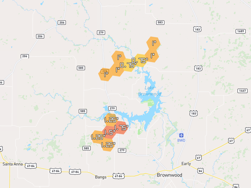 Hail map of Brownwood, TX on Jun 7, 2026, hail up to 1.75"