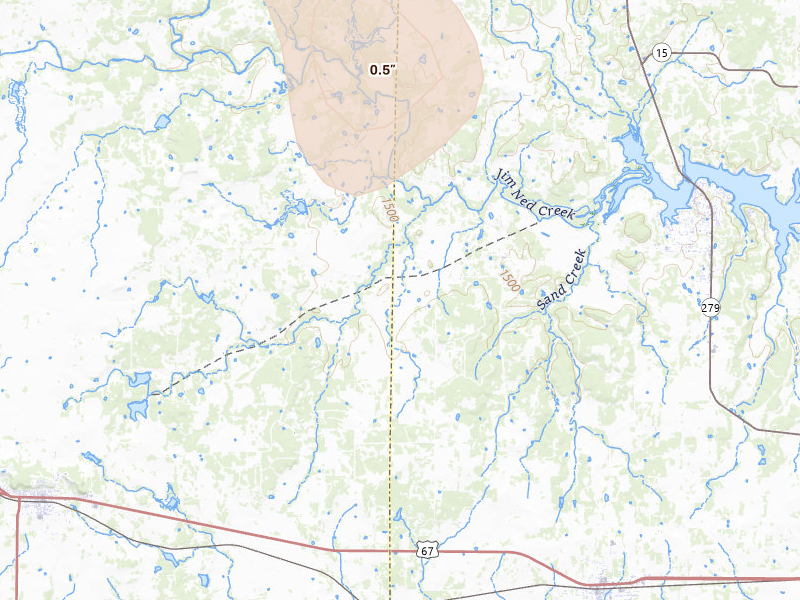 Radar-estimated hail-size map of the storm over Brownwood, TX on Jul 5, 2026