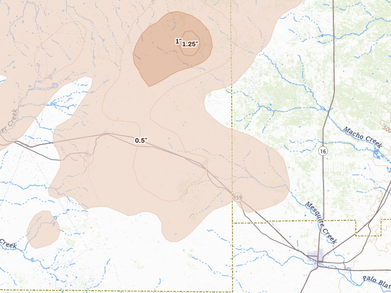 Radar-estimated hail-size map of the storm over Bruni, TX on May 18, 2026