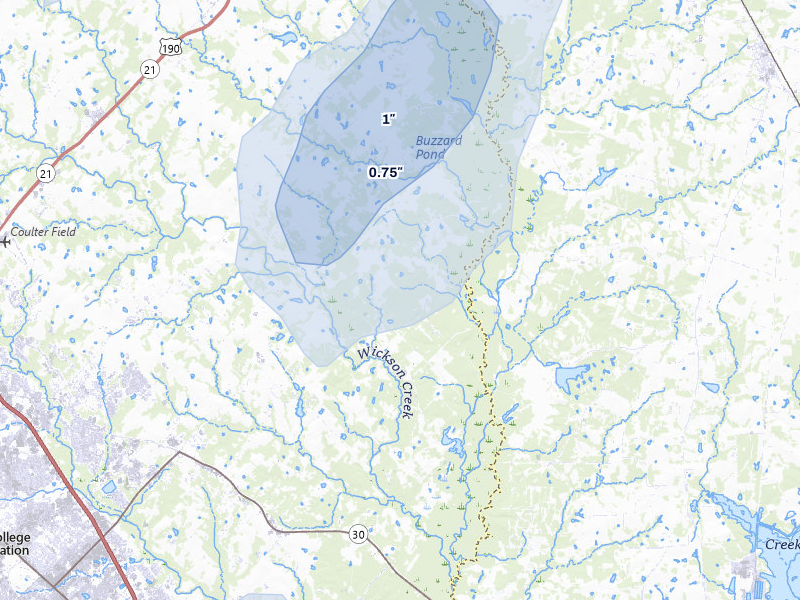 NEXRAD radar-signature map of the hail over Bryan, TX