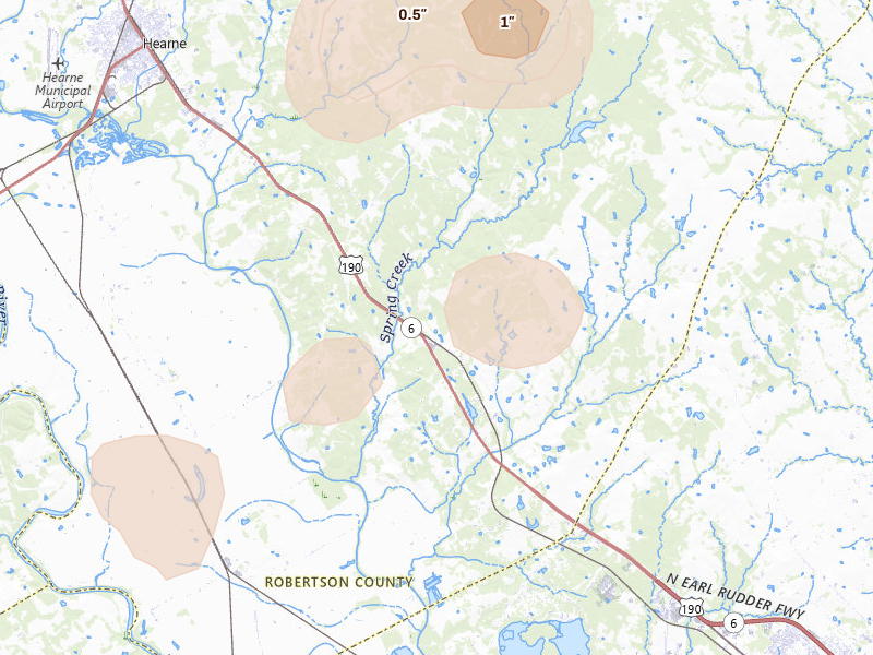 Radar-estimated hail-size map of the storm over Bryan, TX on Aug 28, 2026