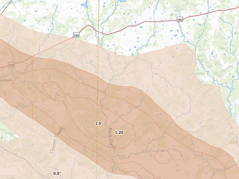 Radar-estimated hail-size map of the storm over Bryson, TX on Apr 28, 2026