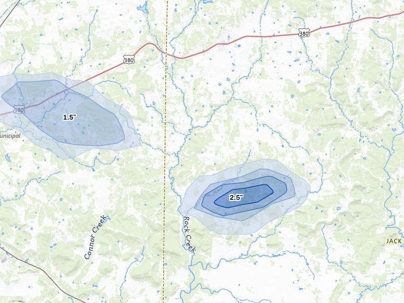 NEXRAD radar-signature map of the hail storm over Bryson, TX on Apr 28, 2026