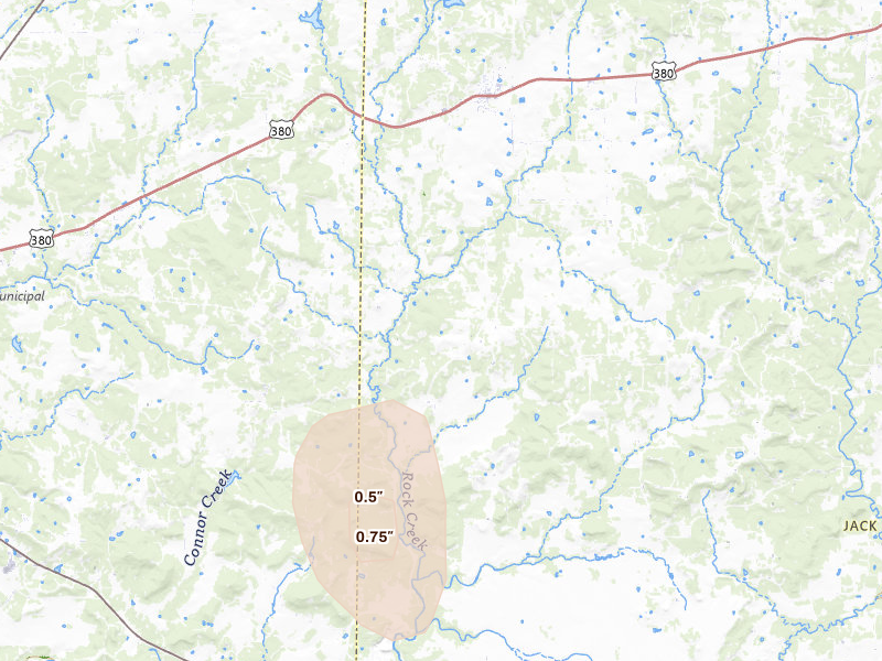 Radar-estimated hail-size map of the storm over Bryson, TX on May 24, 2026