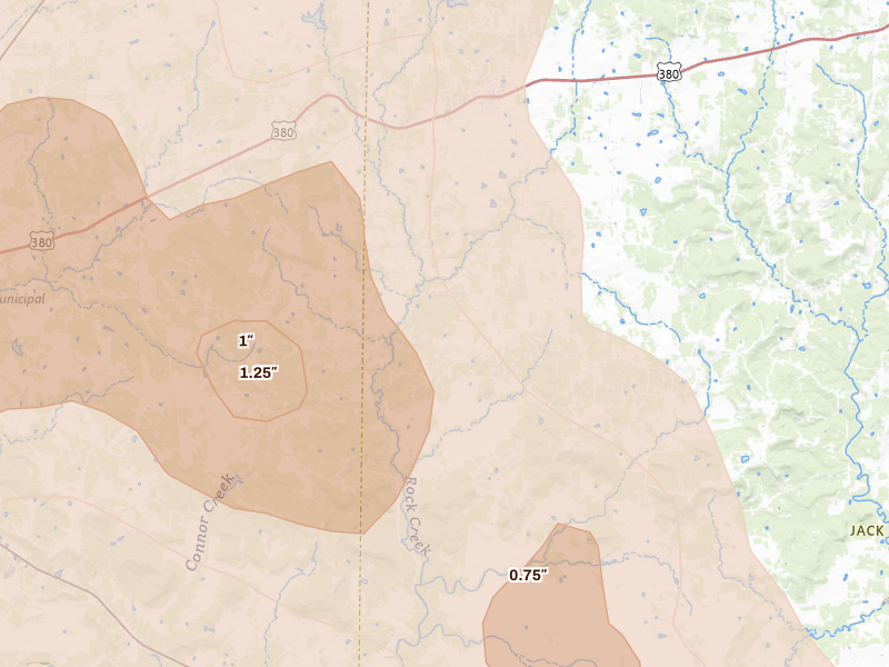 Radar-estimated hail-size map of the storm over Bryson, TX on Jun 18, 2026
