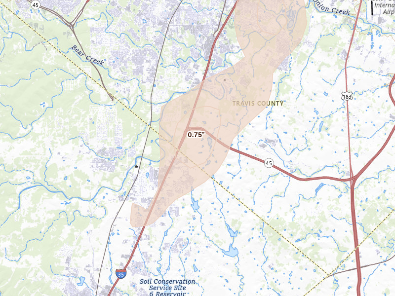 Radar-estimated hail-size map of the storm over Buda, TX on May 9, 2026