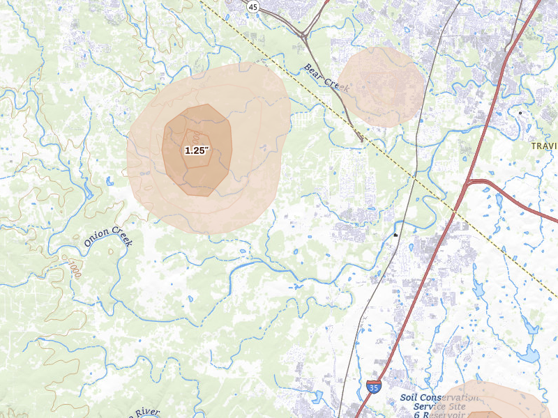 Radar-estimated hail-size map of the storm over Buda, TX on Aug 28, 2026