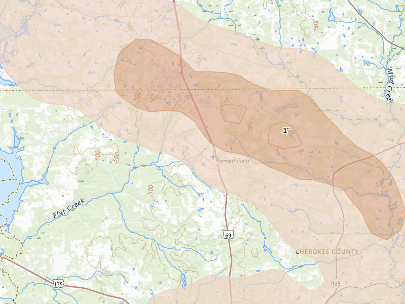 Radar-estimated hail-size map of the storm over Bullard, TX on Mar 15, 2026