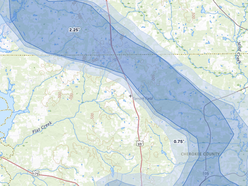 NEXRAD radar-signature map of the hail over Bullard, TX