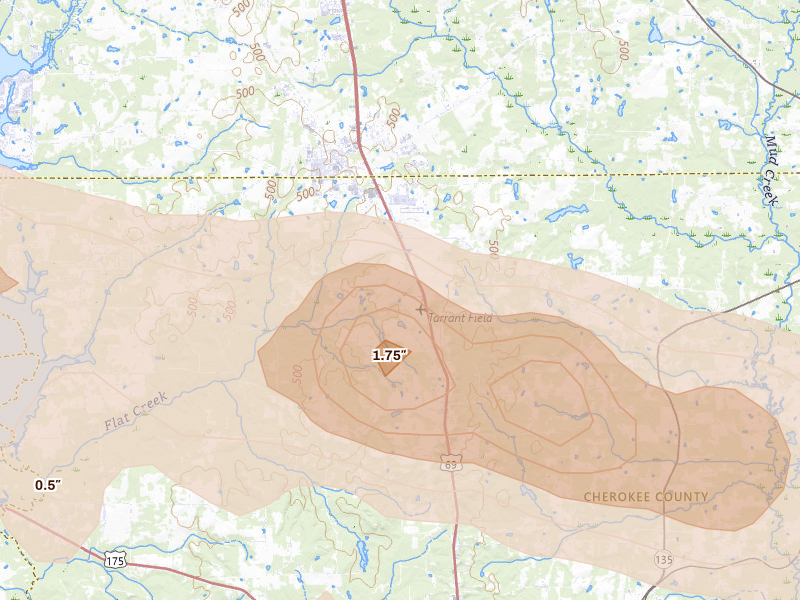 Radar-estimated hail-size map of the storm over Bullard, TX on Apr 29, 2026