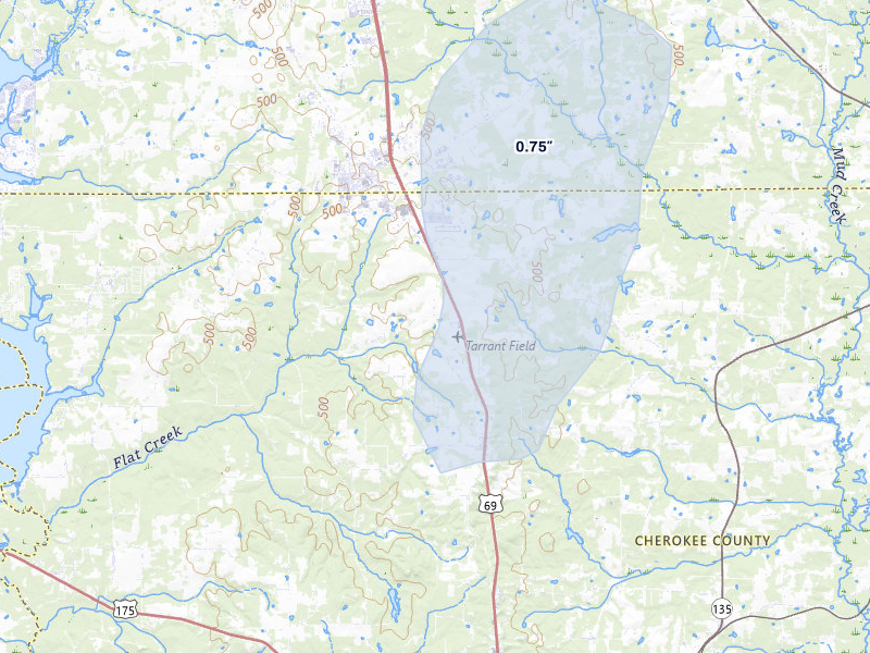 NEXRAD radar-signature map of the hail storm over Bullard, TX on May 10, 2026