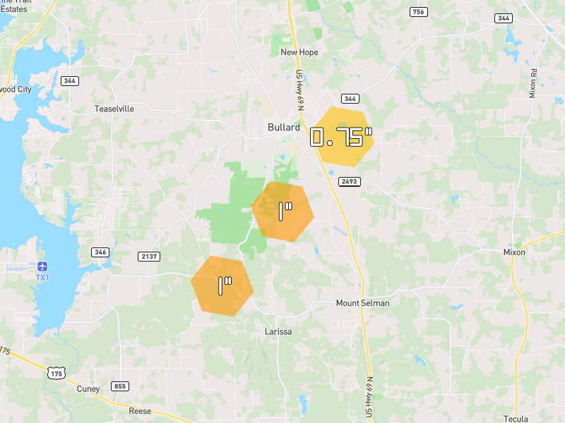 Hail map of Bullard, TX on Jun 2, 2026, hail up to 1"