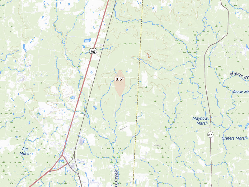 Radar-estimated hail-size map of the storm over Buna, TX on May 19, 2026
