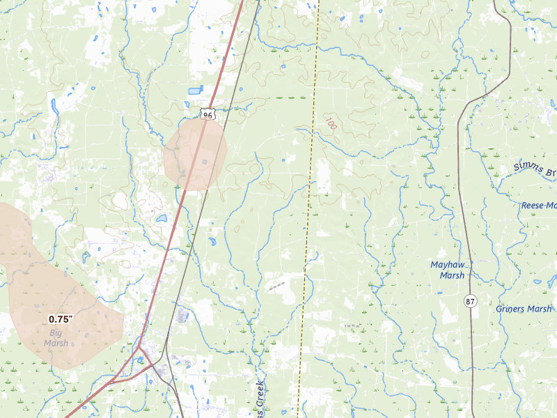 Radar-estimated hail-size map of the storm over Buna, TX on Jul 5, 2026