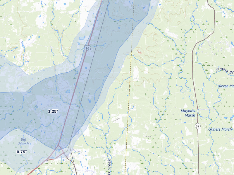 NEXRAD radar-signature map of the hail storm over Buna, TX on Jul 5, 2026